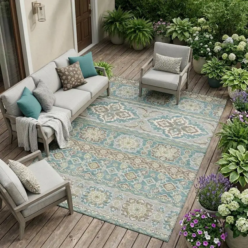 Teal Blue And Green Tribal Washable Indoor Outdoor Area Rug Photo 1