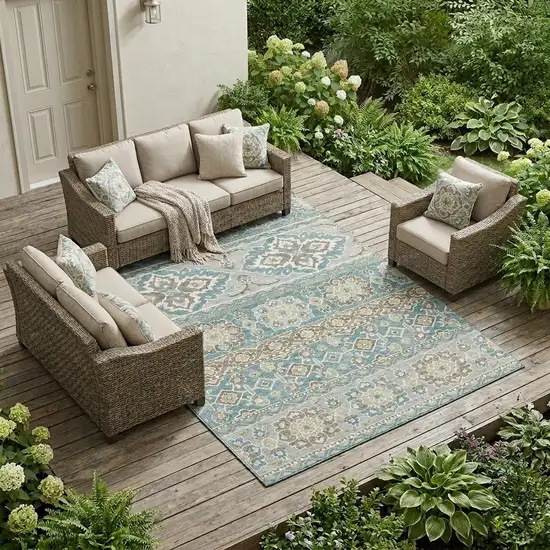 Teal Blue And Green Tribal Washable Indoor Outdoor Area Rug Photo 1