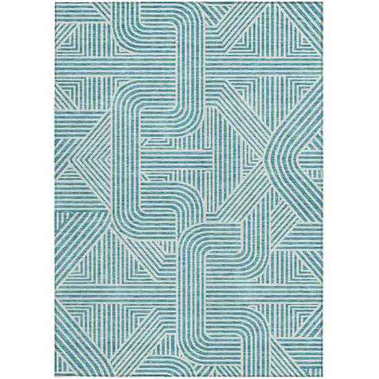 Teal Blue And Ivory Abstract Washable Indoor Outdoor Area Rug Photo 7