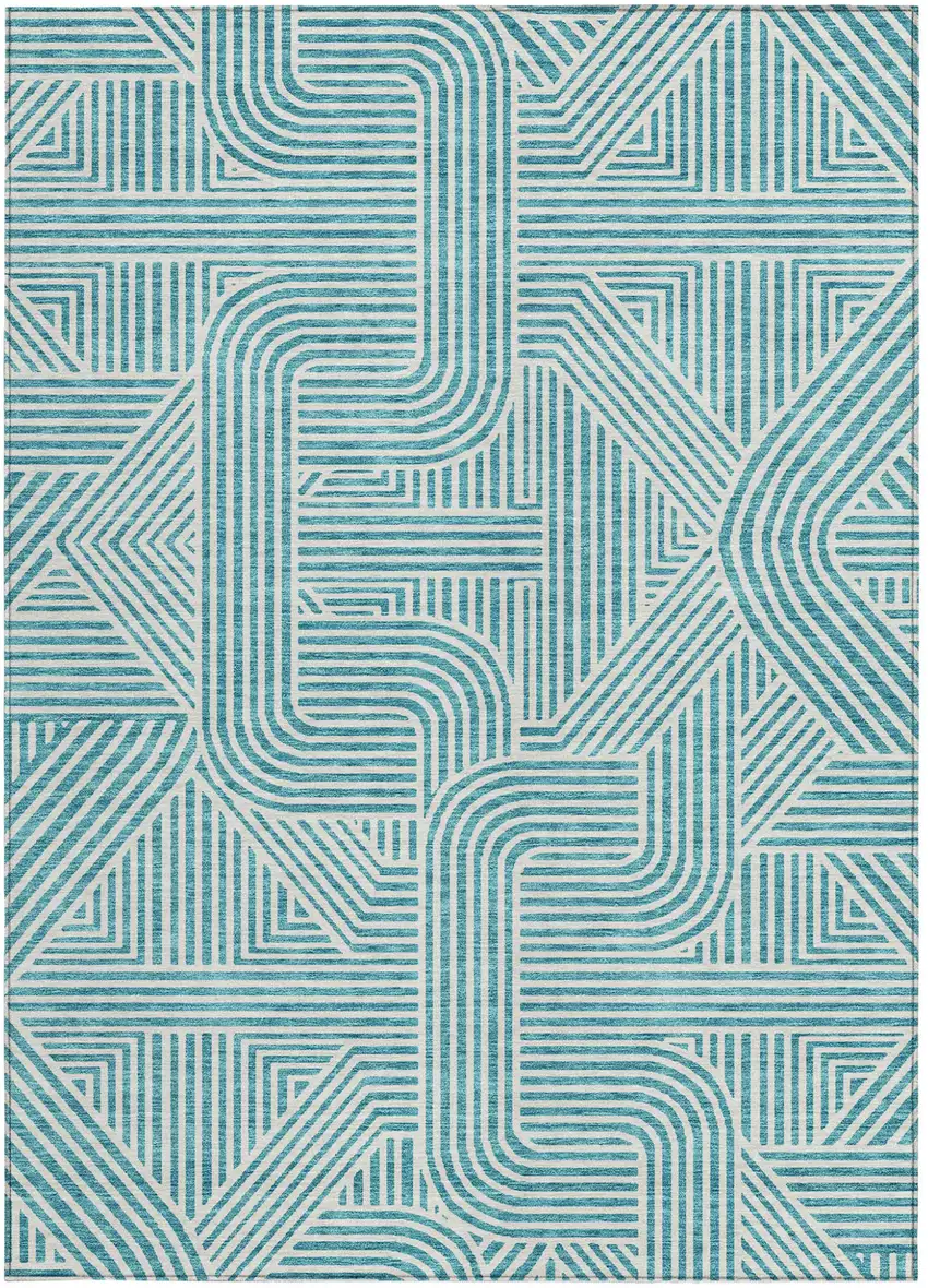 Teal Blue And Ivory Abstract Washable Indoor Outdoor Area Rug Photo 7