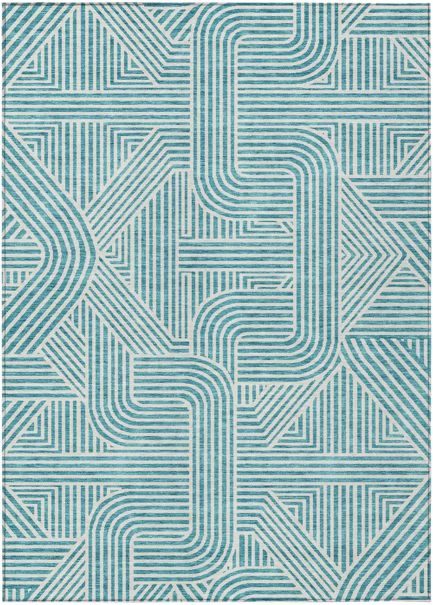 Teal Blue And Ivory Abstract Washable Indoor Outdoor Area Rug Photo 2