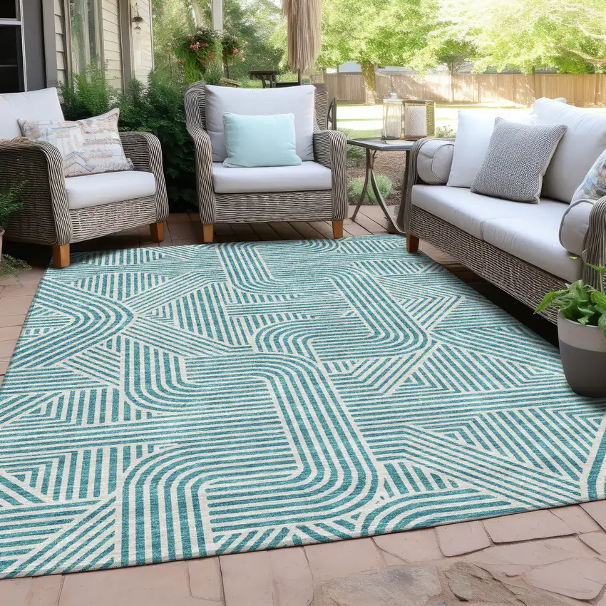 Teal Blue And Ivory Abstract Washable Indoor Outdoor Area Rug Photo 8