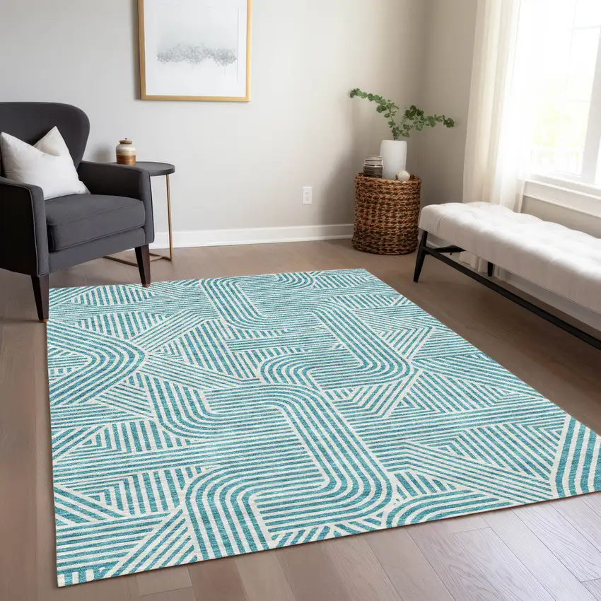Teal Blue And Ivory Abstract Washable Indoor Outdoor Area Rug Photo 9