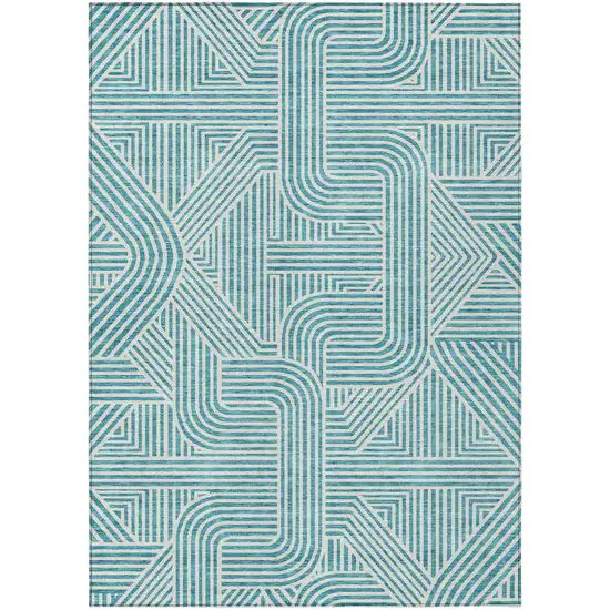 Teal Blue And Ivory Abstract Washable Indoor Outdoor Area Rug Photo 2
