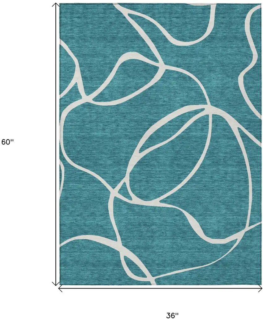 Teal Blue And Ivory Abstract Washable Indoor Outdoor Area Rug Photo 3