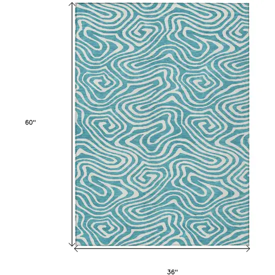 Teal Blue And Ivory Abstract Washable Indoor Outdoor Area Rug Photo 3