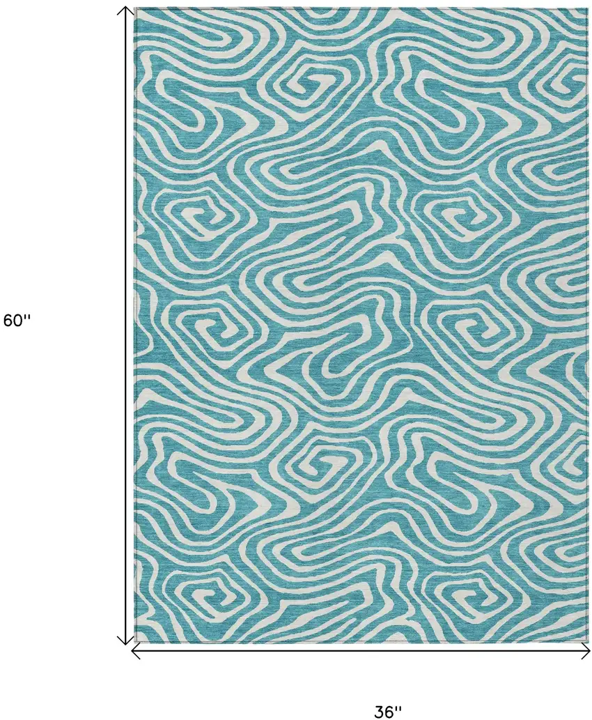 Teal Blue And Ivory Abstract Washable Indoor Outdoor Area Rug Photo 3