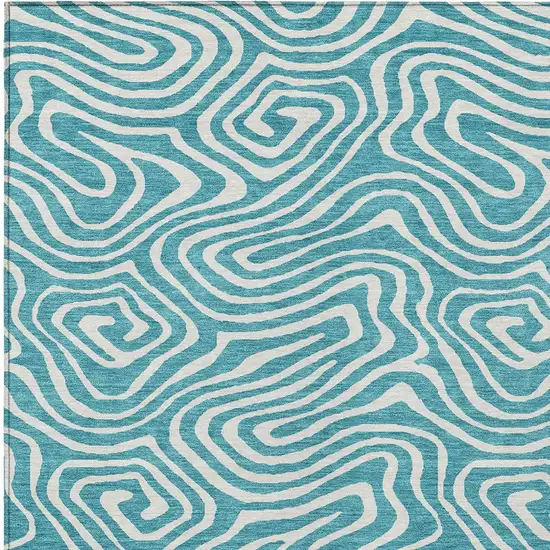 Teal Blue And Ivory Abstract Washable Indoor Outdoor Area Rug Photo 6