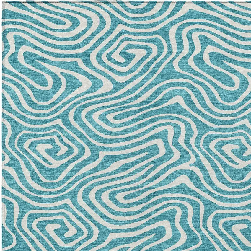 Teal Blue And Ivory Abstract Washable Indoor Outdoor Area Rug Photo 6