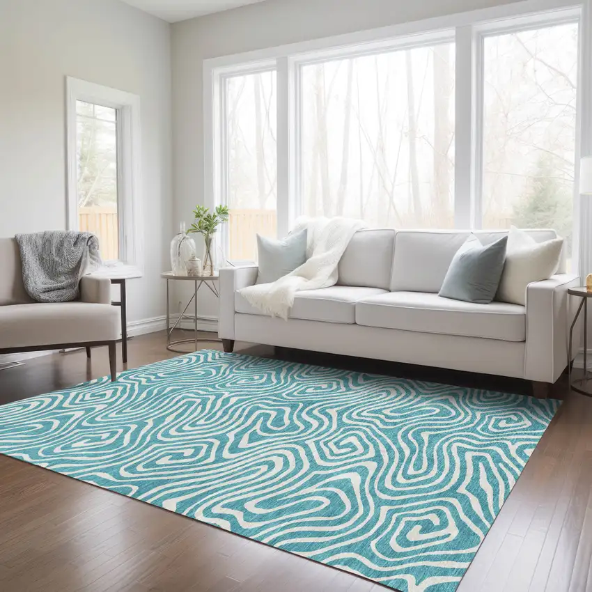 Teal Blue And Ivory Abstract Washable Indoor Outdoor Area Rug Photo 9