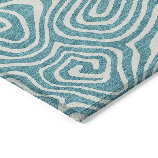 Teal Blue And Ivory Abstract Washable Indoor Outdoor Area Rug Photo 5