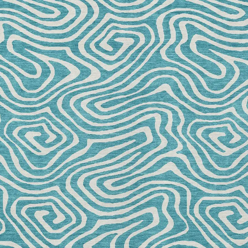 Teal Blue And Ivory Abstract Washable Indoor Outdoor Area Rug Photo 6