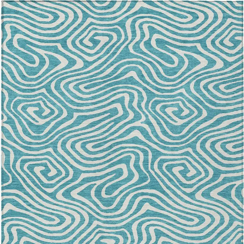 Teal Blue And Ivory Abstract Washable Indoor Outdoor Area Rug Photo 5