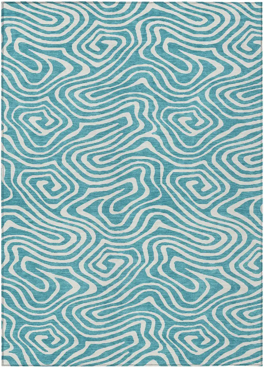 Teal Blue And Ivory Abstract Washable Indoor Outdoor Area Rug Photo 1