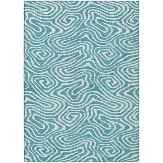 Teal Blue And Ivory Abstract Washable Indoor Outdoor Area Rug Photo 1