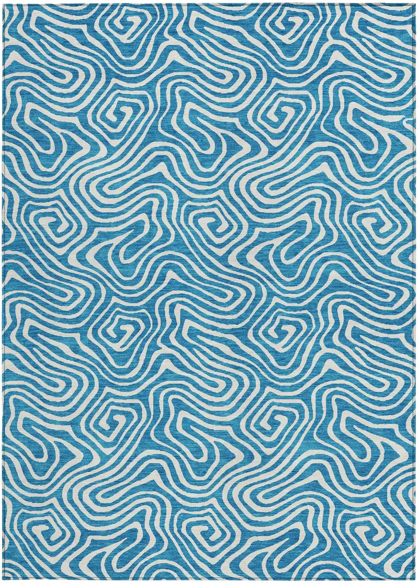 Teal Blue And Ivory Abstract Washable Indoor Outdoor Area Rug Photo 7