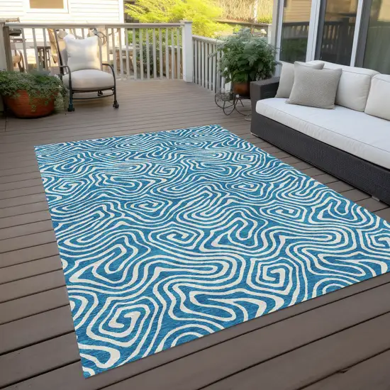 Teal Blue And Ivory Abstract Washable Indoor Outdoor Area Rug Photo 8
