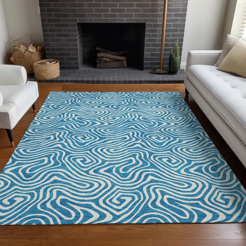 Teal Blue And Ivory Abstract Washable Indoor Outdoor Area Rug Photo 9