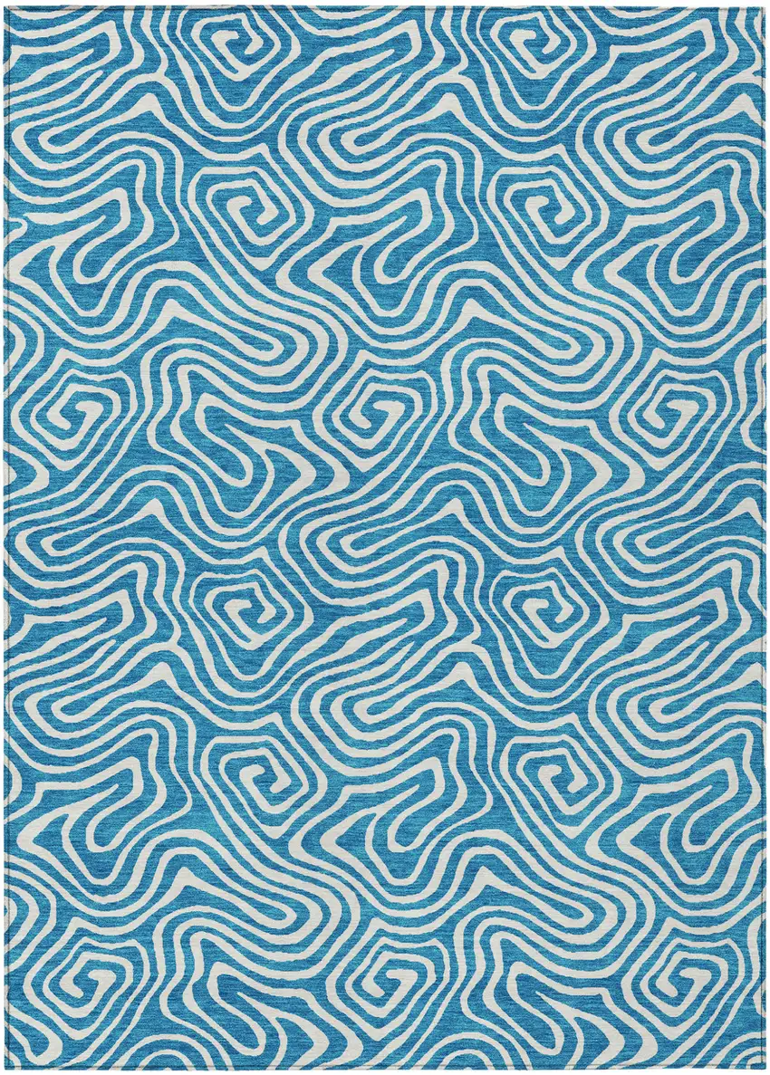 Teal Blue And Ivory Abstract Washable Indoor Outdoor Area Rug Photo 2