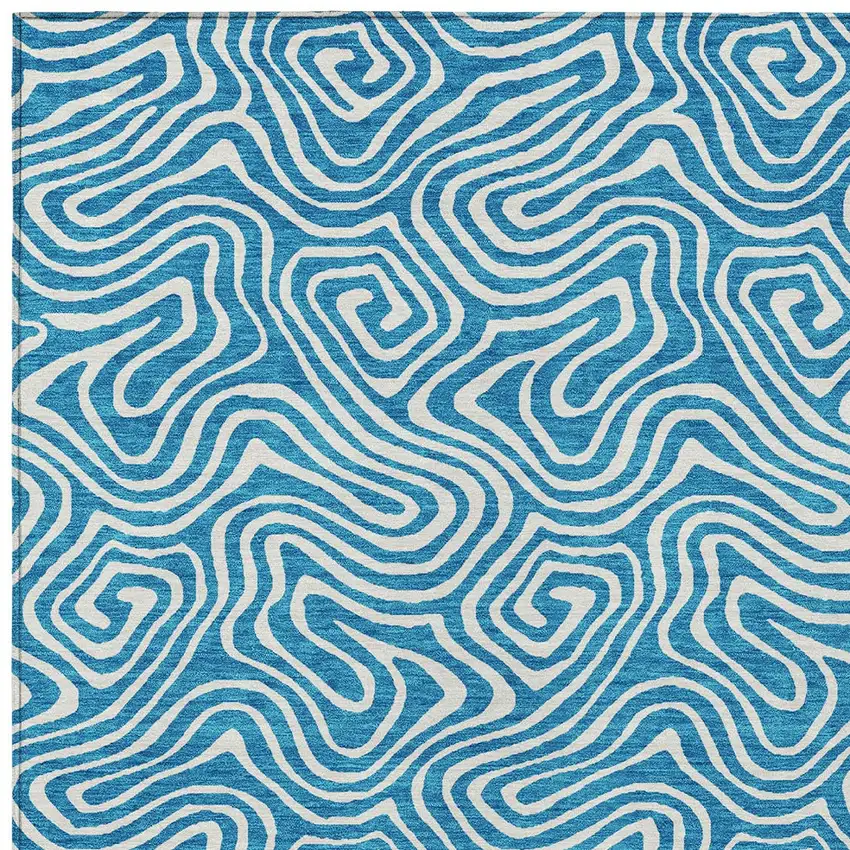 Teal Blue And Ivory Abstract Washable Indoor Outdoor Area Rug Photo 6