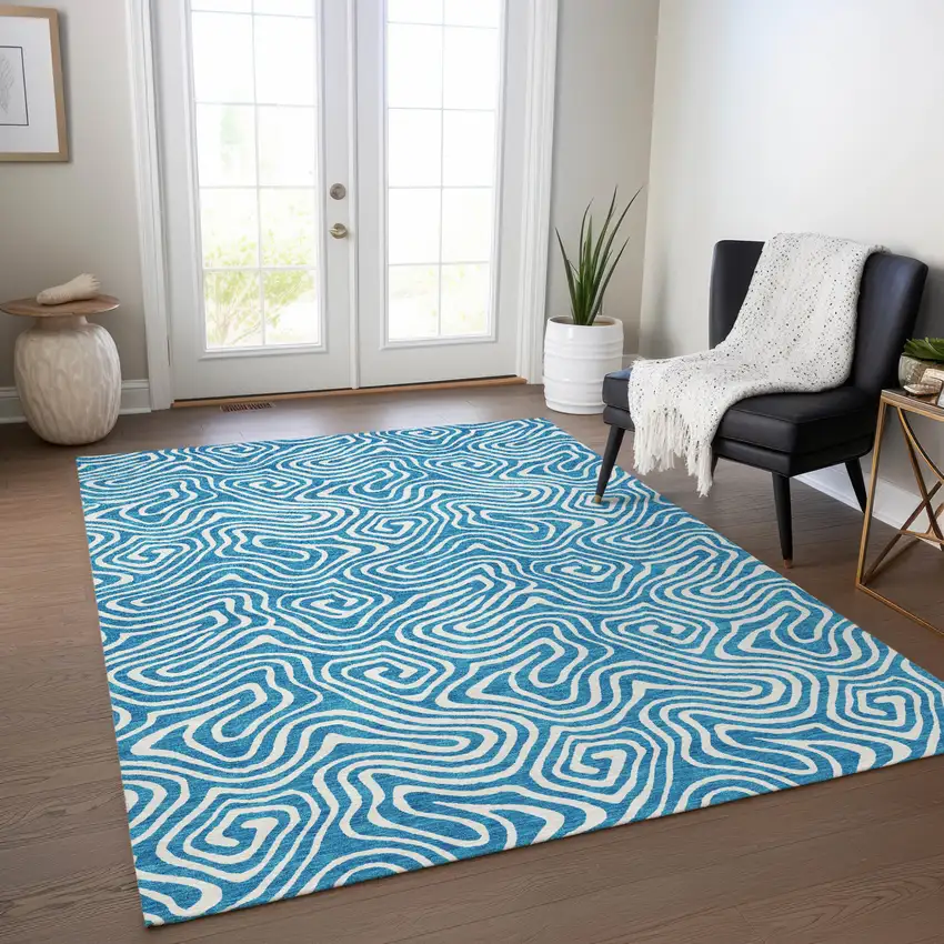 Teal Blue And Ivory Abstract Washable Indoor Outdoor Area Rug Photo 9