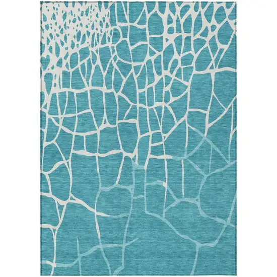 Teal Blue And Ivory Abstract Washable Indoor Outdoor Area Rug Photo 2