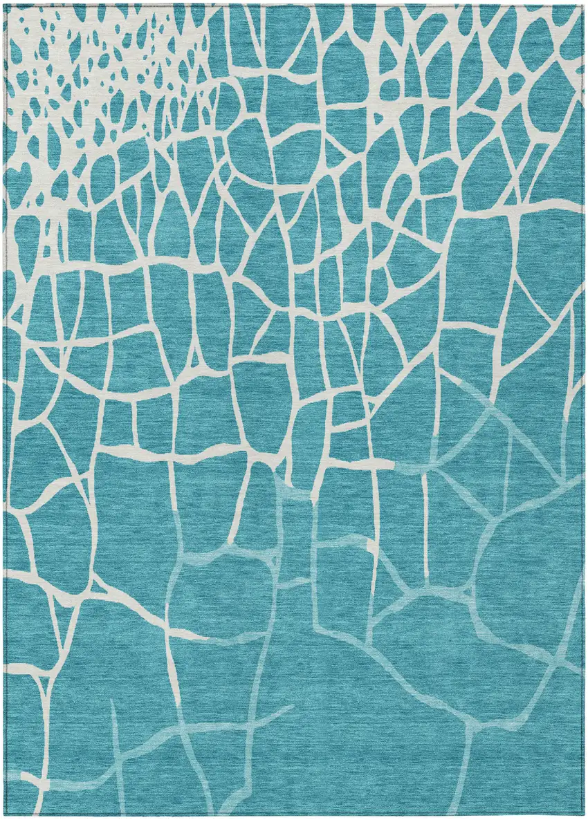 Teal Blue And Ivory Abstract Washable Indoor Outdoor Area Rug Photo 2
