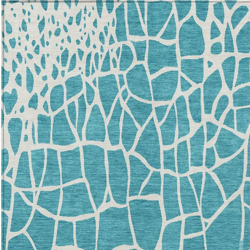 Teal Blue And Ivory Abstract Washable Indoor Outdoor Area Rug Photo 5