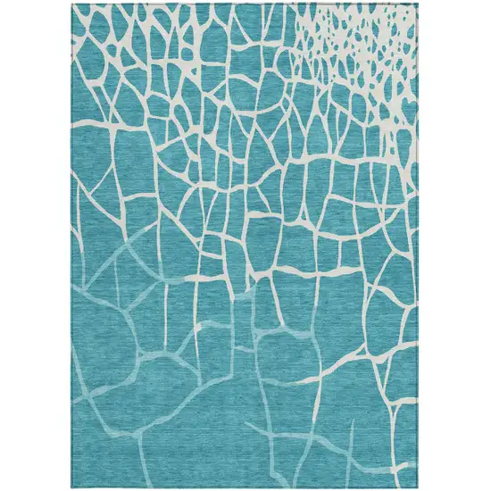 Teal Blue And Ivory Abstract Washable Indoor Outdoor Area Rug Photo 6