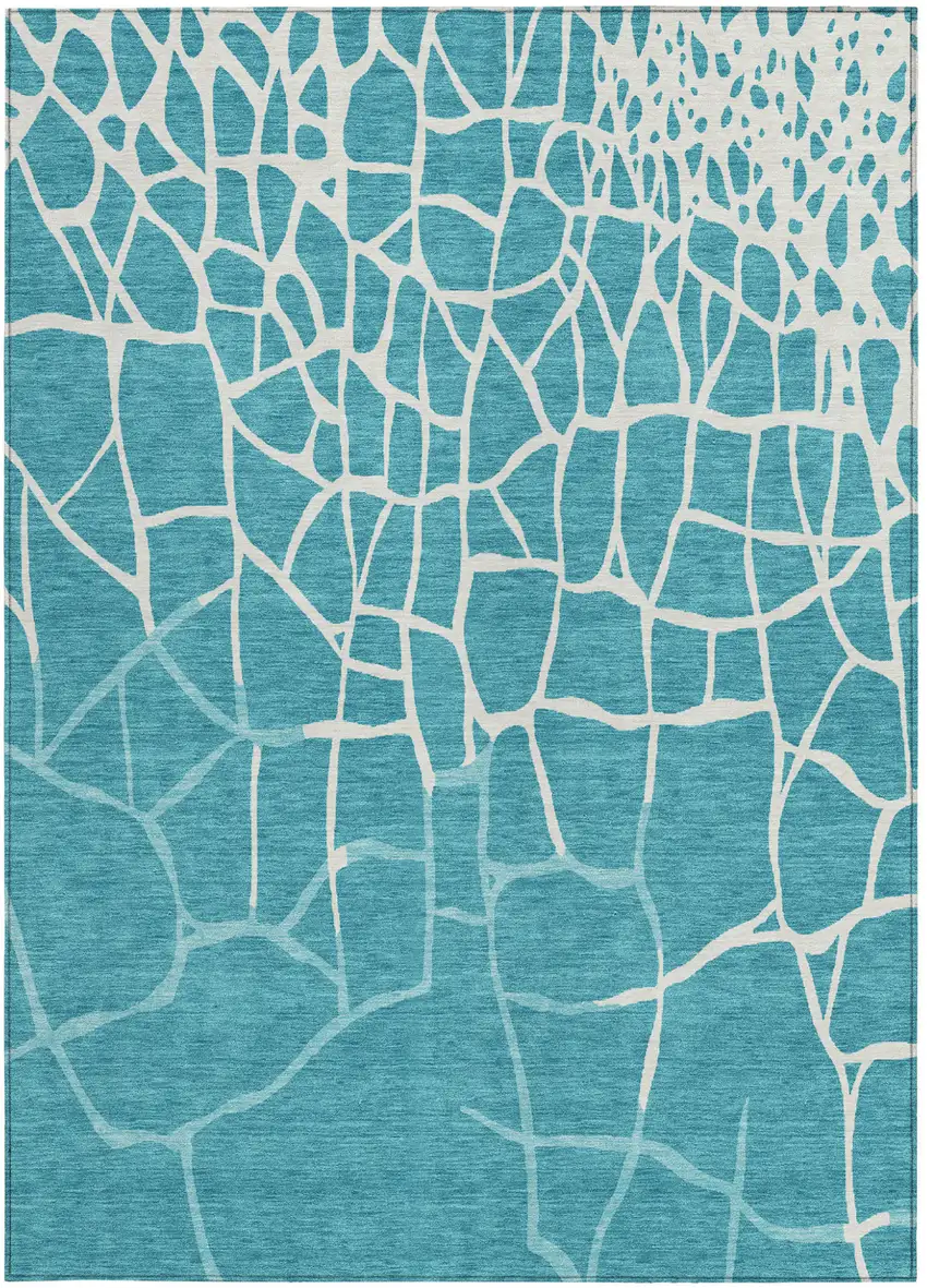 Teal Blue And Ivory Abstract Washable Indoor Outdoor Area Rug Photo 6