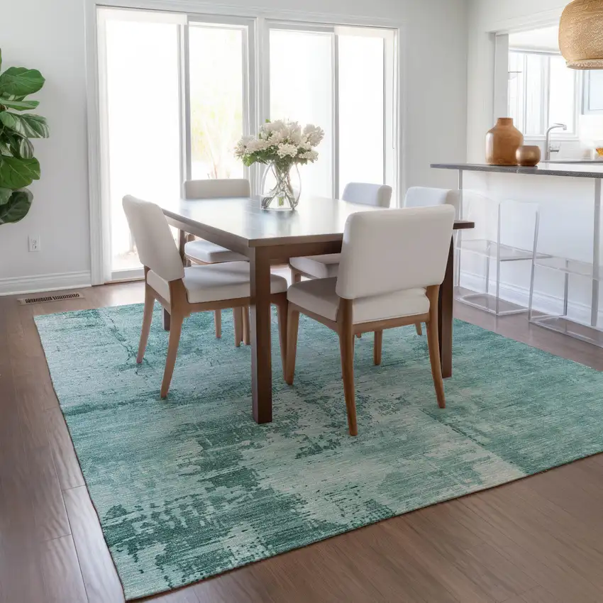 Teal Blue And Ivory Abstract Washable Indoor Outdoor Area Rug Photo 9