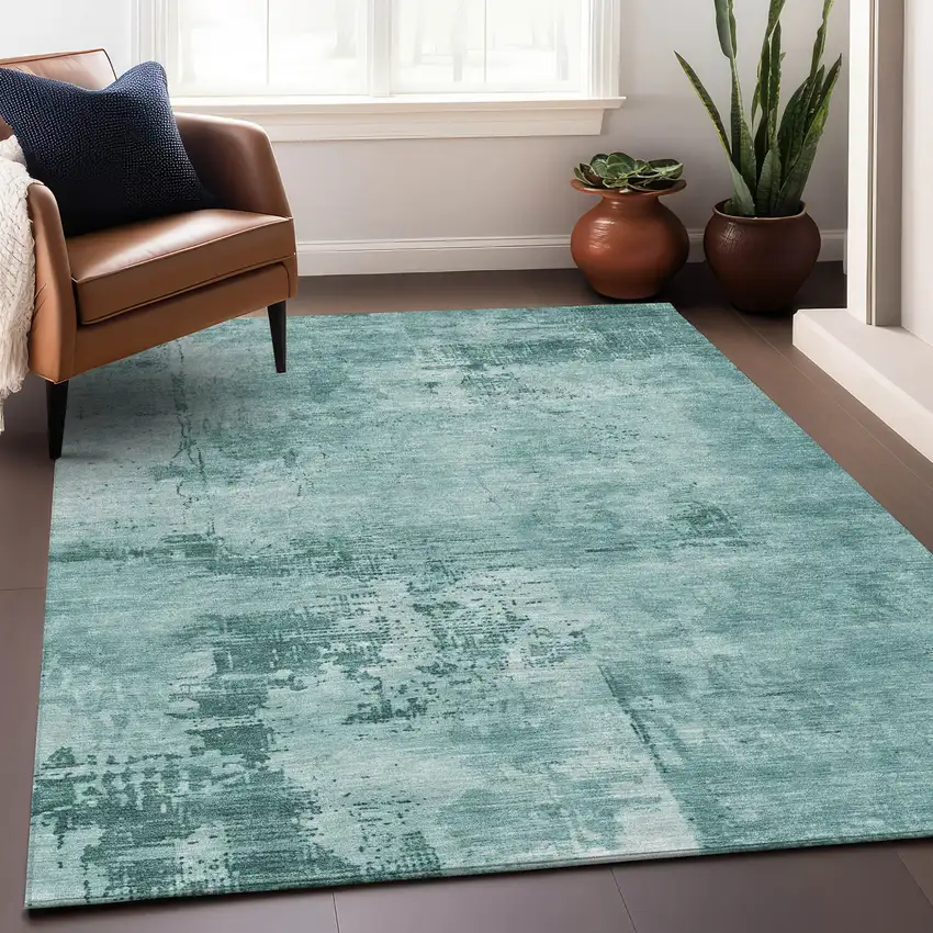 Teal Blue And Ivory Abstract Washable Indoor Outdoor Area Rug Photo 8