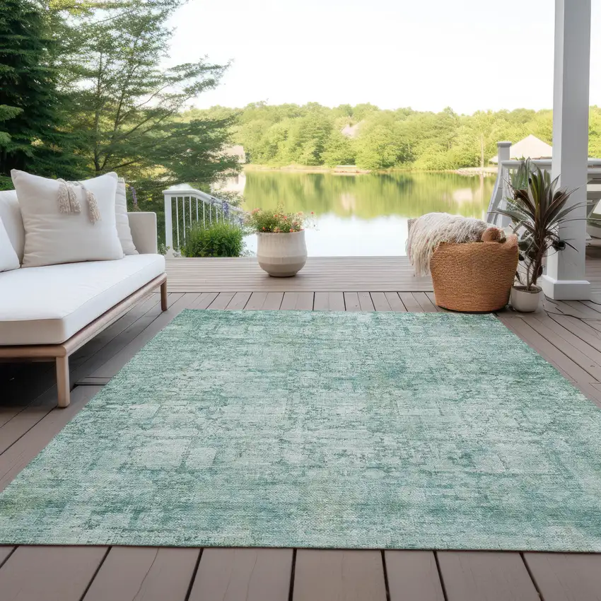 Teal Blue And Ivory Abstract Washable Indoor Outdoor Area Rug Photo 5