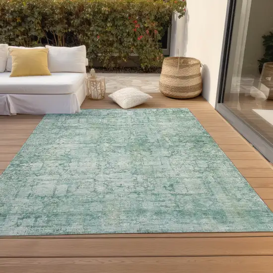 Teal Blue And Ivory Abstract Washable Indoor Outdoor Area Rug Photo 8