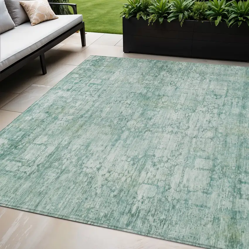 Teal Blue And Ivory Abstract Washable Indoor Outdoor Area Rug Photo 2