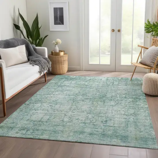 Teal Blue And Ivory Abstract Washable Indoor Outdoor Area Rug Photo 7