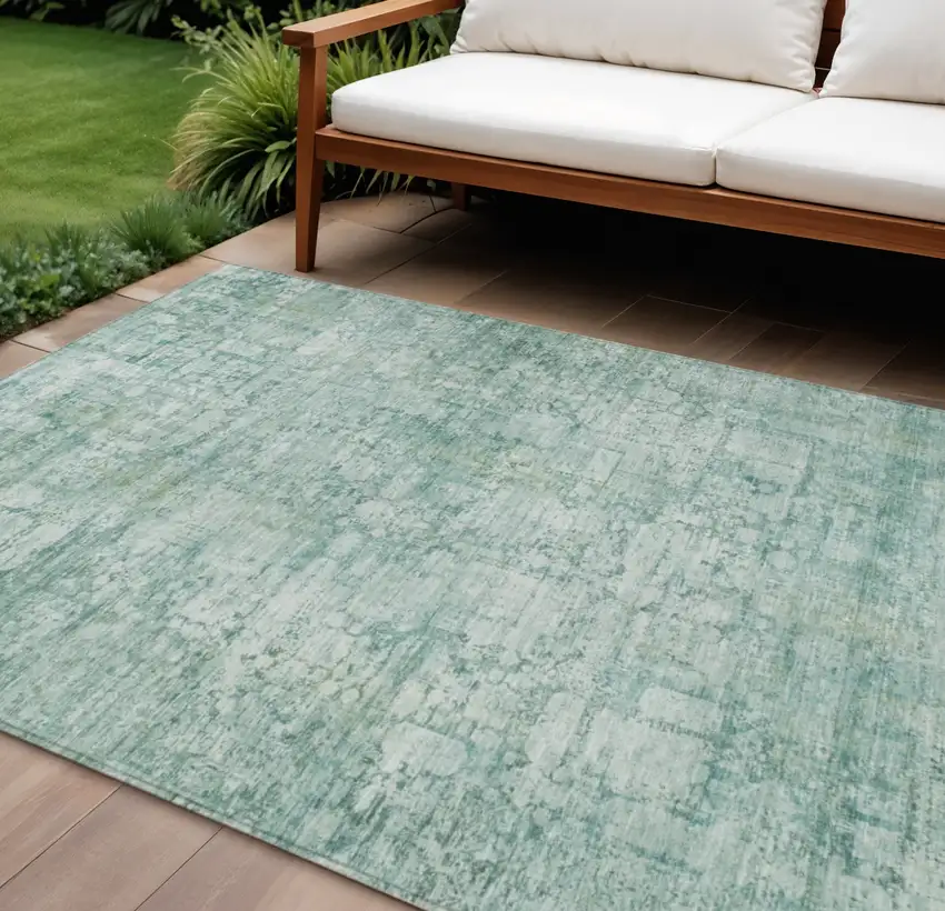 Teal Blue And Ivory Abstract Washable Indoor Outdoor Area Rug Photo 2