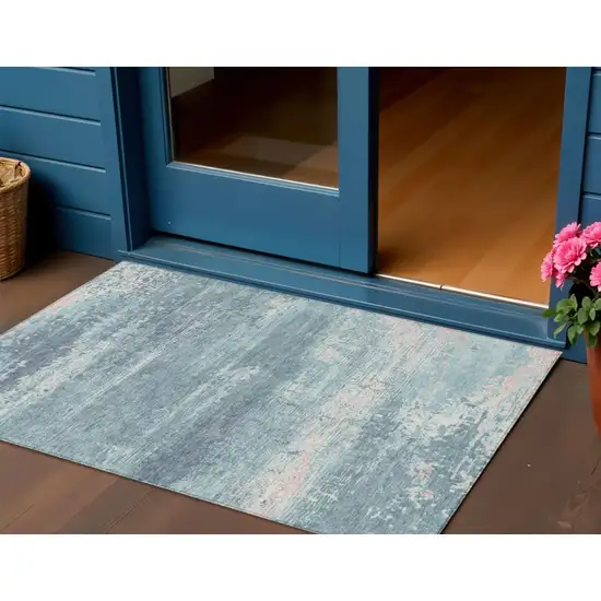 Teal Blue And Ivory Abstract Washable Indoor Outdoor Area Rug Photo 2