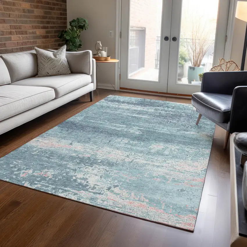 Teal Blue And Ivory Abstract Washable Indoor Outdoor Area Rug Photo 5