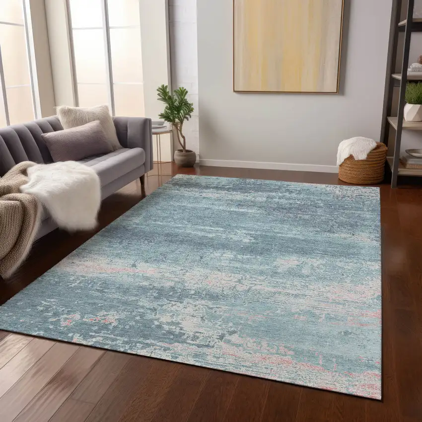 Teal Blue And Ivory Abstract Washable Indoor Outdoor Area Rug Photo 6