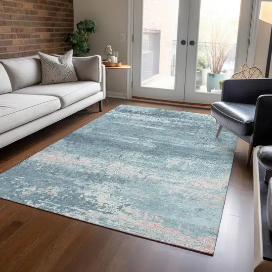 Teal Blue And Ivory Abstract Washable Indoor Outdoor Area Rug Photo 6