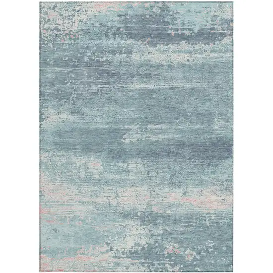 Teal Blue And Ivory Abstract Washable Indoor Outdoor Area Rug Photo 4