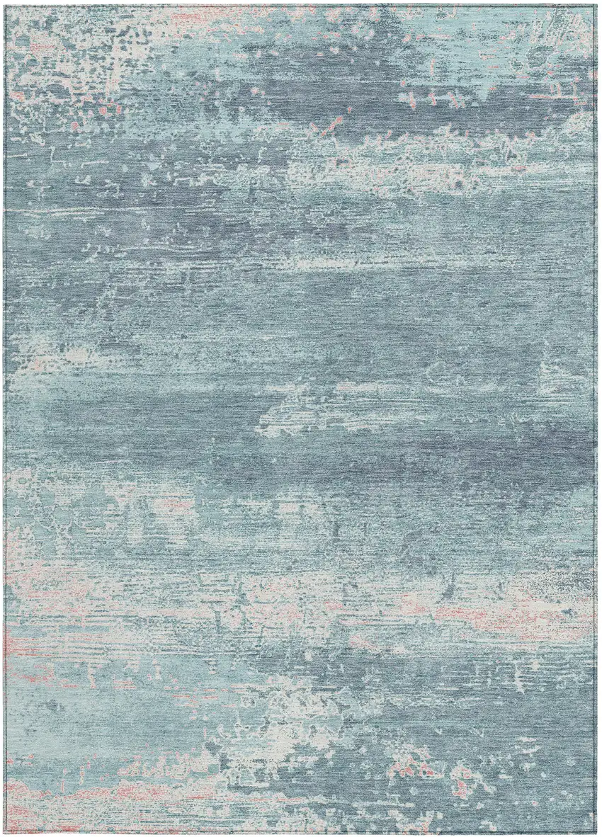 Teal Blue And Ivory Abstract Washable Indoor Outdoor Area Rug Photo 4