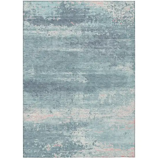 Teal Blue And Ivory Abstract Washable Indoor Outdoor Area Rug Photo 1