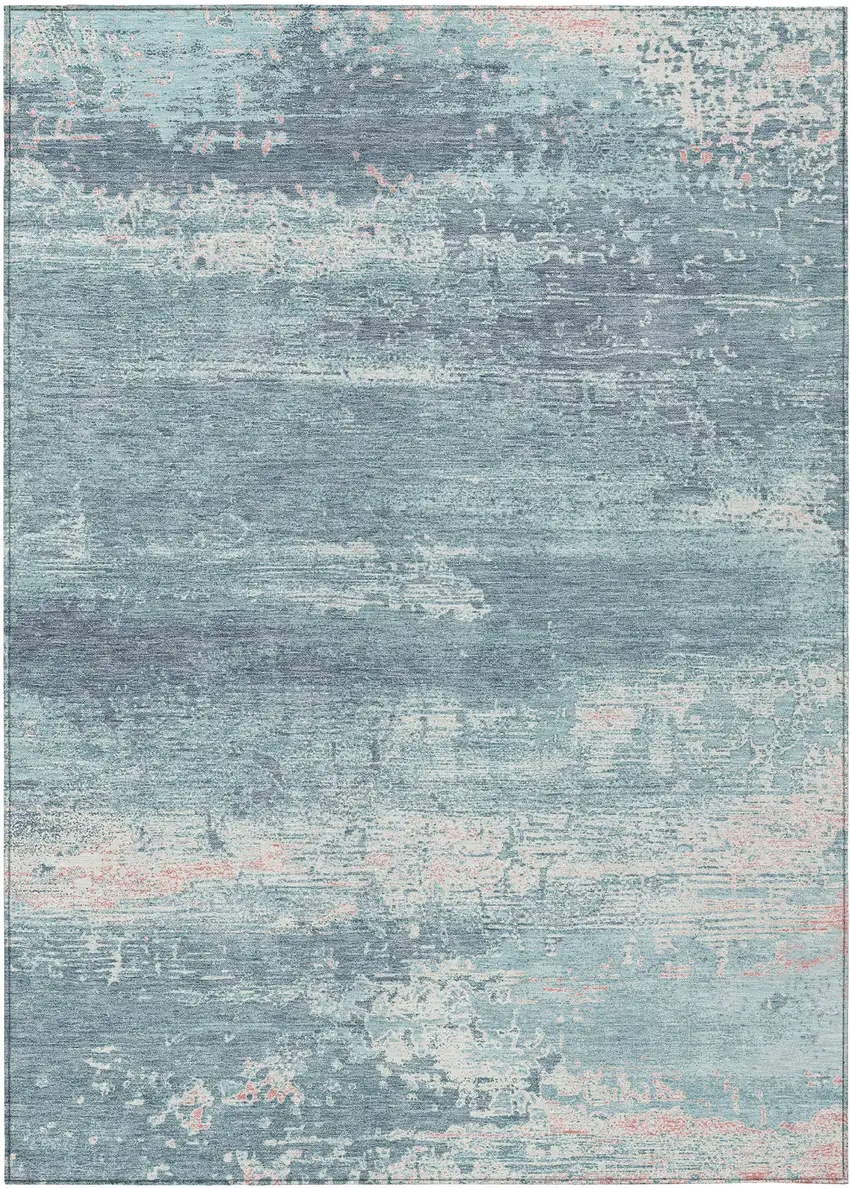Teal Blue And Ivory Abstract Washable Indoor Outdoor Area Rug Photo 1