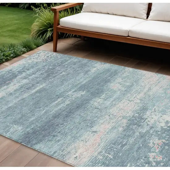 Teal Blue And Ivory Abstract Washable Indoor Outdoor Area Rug Photo 2