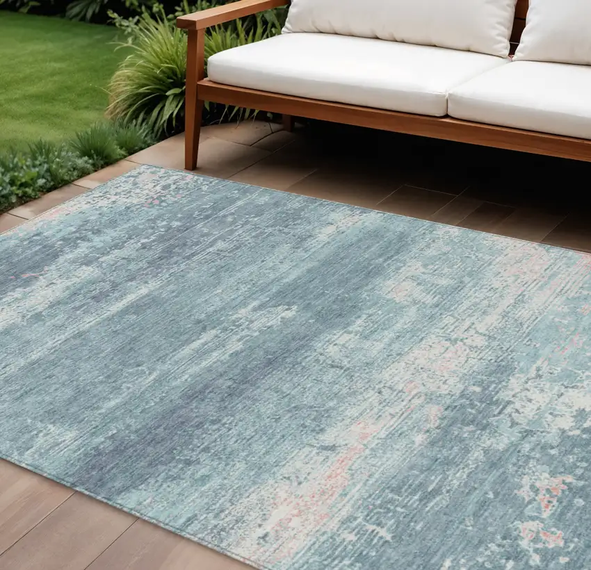 Teal Blue And Ivory Abstract Washable Indoor Outdoor Area Rug Photo 2