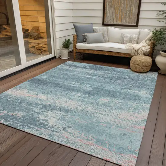 Teal Blue And Ivory Abstract Washable Indoor Outdoor Area Rug Photo 5
