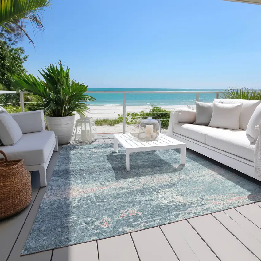 Teal Blue And Ivory Abstract Washable Indoor Outdoor Area Rug Photo 7