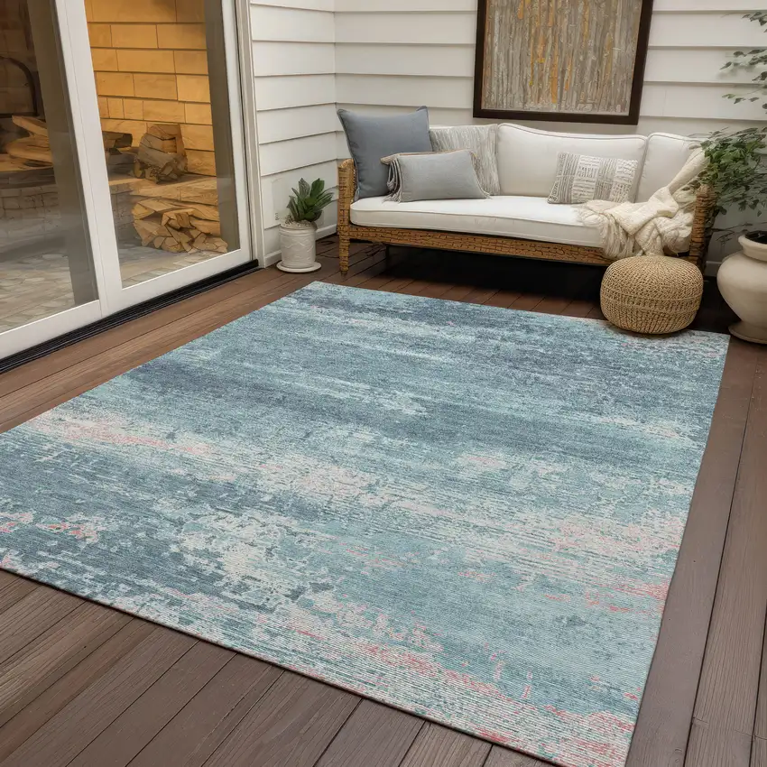 Teal Blue And Ivory Abstract Washable Indoor Outdoor Area Rug Photo 4